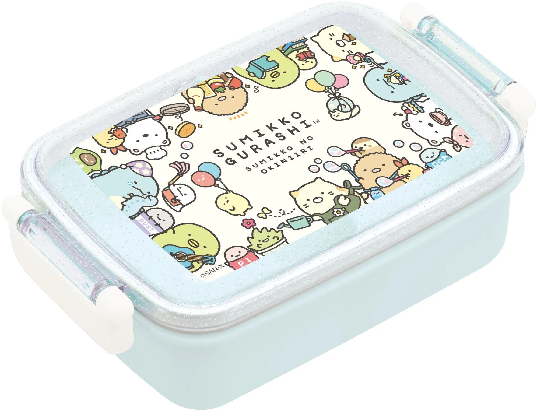 すみっコぐらしのキャラクターが描かれたランチボックスです。蓋にはキャラクターが描かれており、水色を基調としたデザインです。