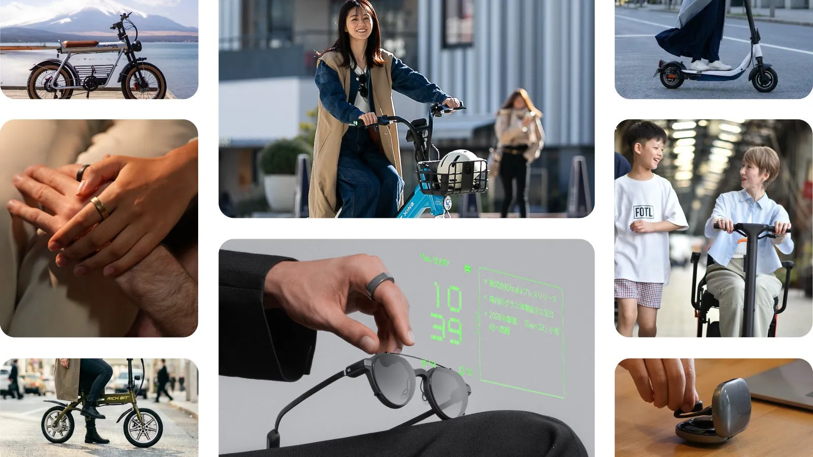 さまざまな乗り物やガジェットが写った画像。電動バイク、自転車に乗る女性、電動キックボード、子供たち、スマートリングとスマートグラス、イヤホン、折りたたみ自転車などが写っています。