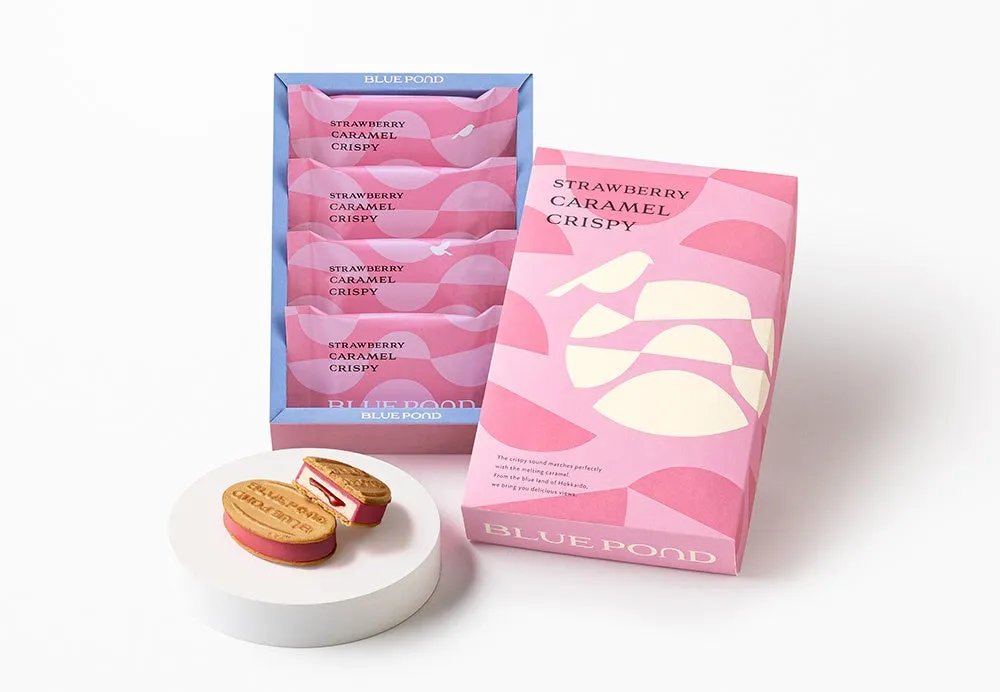 いちごキャラメルクリスピーのお菓子のパッケージと商品が写った写真。