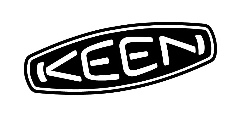 KEENのロゴ。黒い楕円形の枠の中に、白い文字で「KEEN」と書かれています。