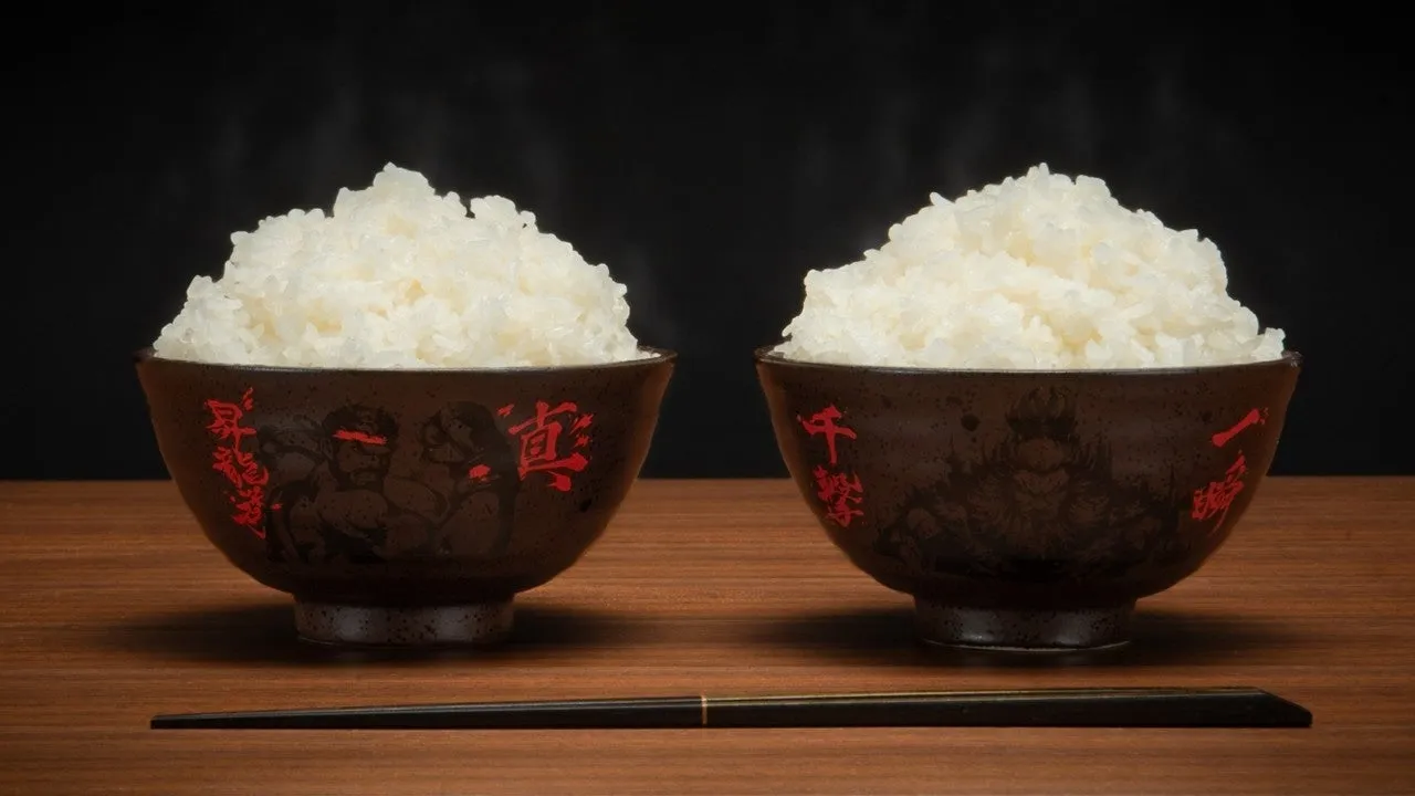 白いご飯がたっぷり入ったお茶碗が2つ並んだ写真。お茶碗には漢字と絵が描かれており、箸が添えられています。背景は黒で、木製のテーブルの上に置かれています。