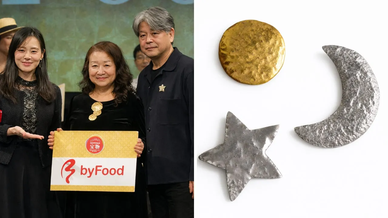 女性たちが賞状のようなものを持って立っている写真と、太陽、星、月の形の金属オブジェの写真が並んだ画像です。