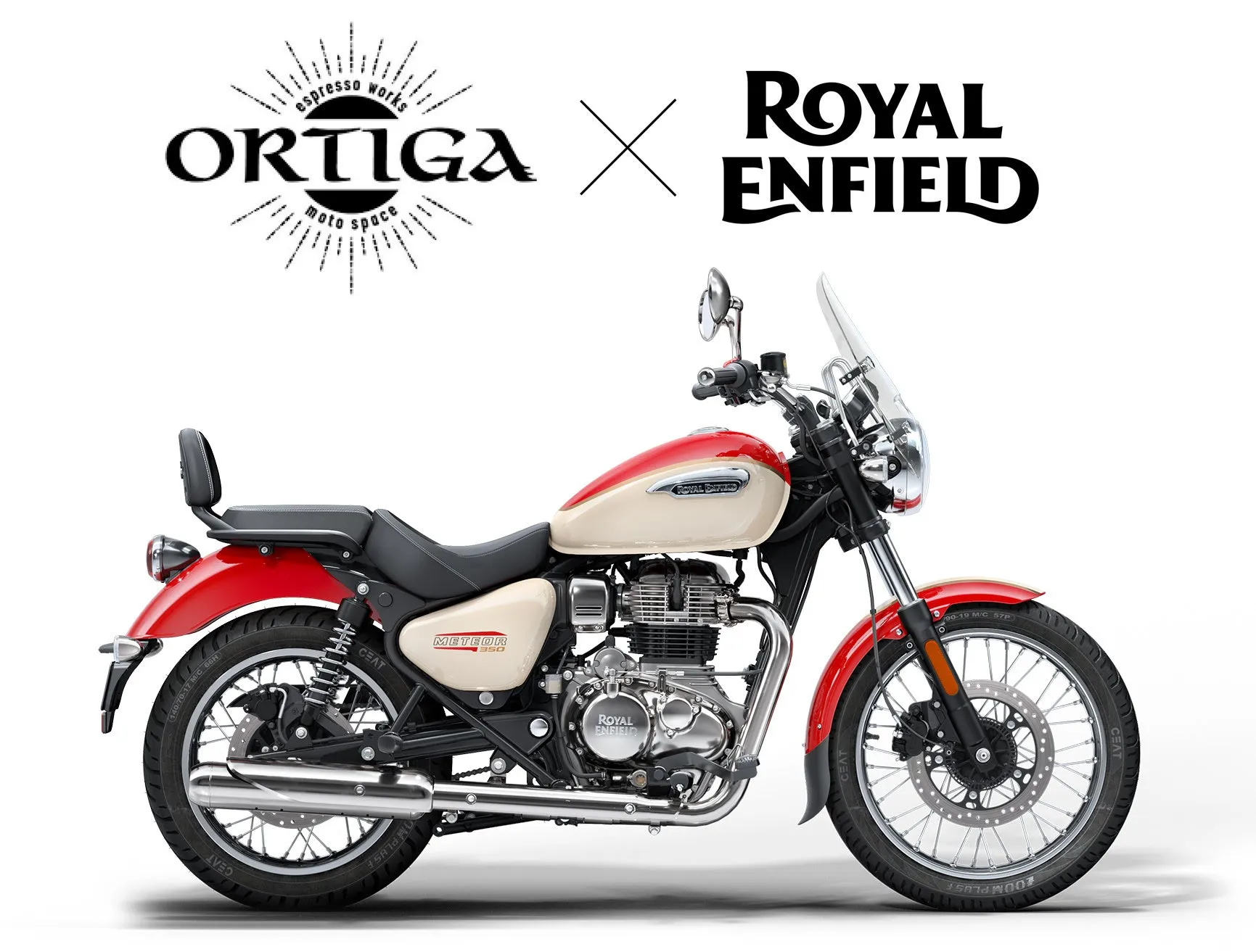 ROYAL ENFIELDのバイクとORTIGAのロゴ