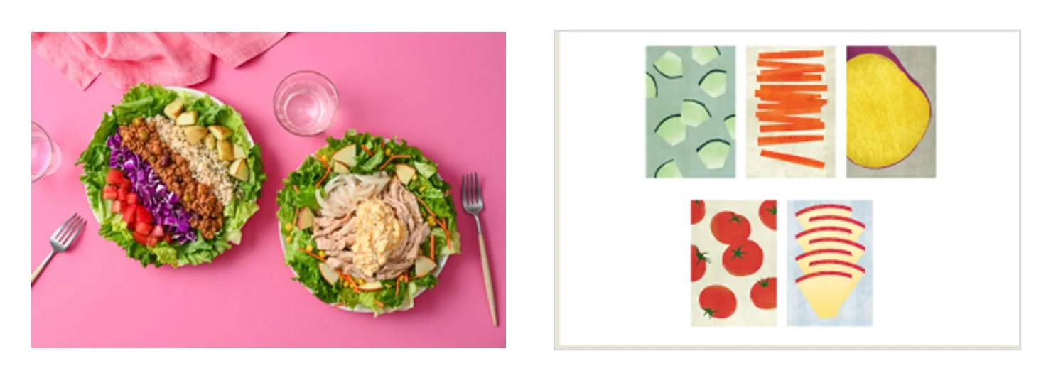 2つのサラダと野菜のイラストパネル