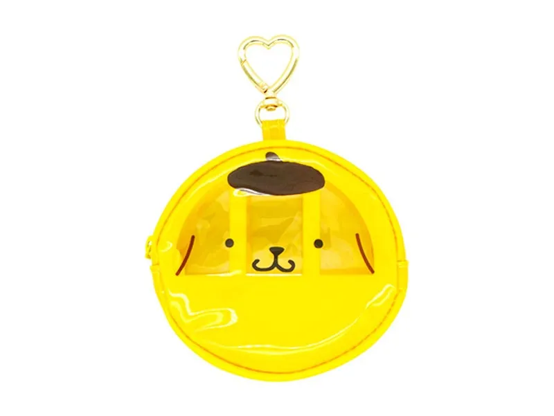黄色い丸いポーチ。ポーチには、犬のようなキャラクターの顔が描かれており、透明な窓が付いている。ポーチの上部にはキーチェーンが付いている。