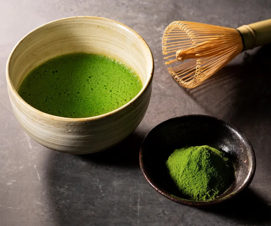抹茶の入った器、抹茶の粉末、茶筅が写っている写真です。