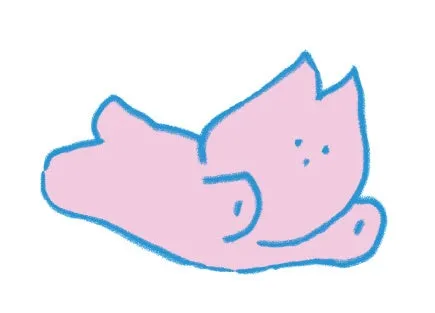 ピンク色の猫のイラストです。青い線で描かれており、リラックスしたポーズをとっています。