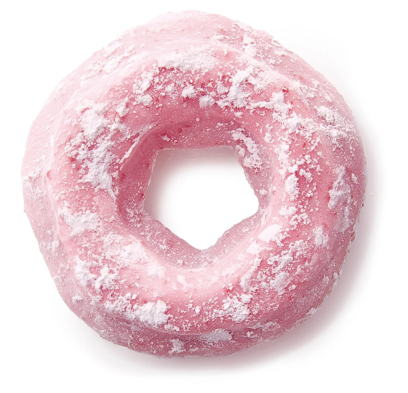 ピンク色のドーナツ。粉砂糖がまぶされている。