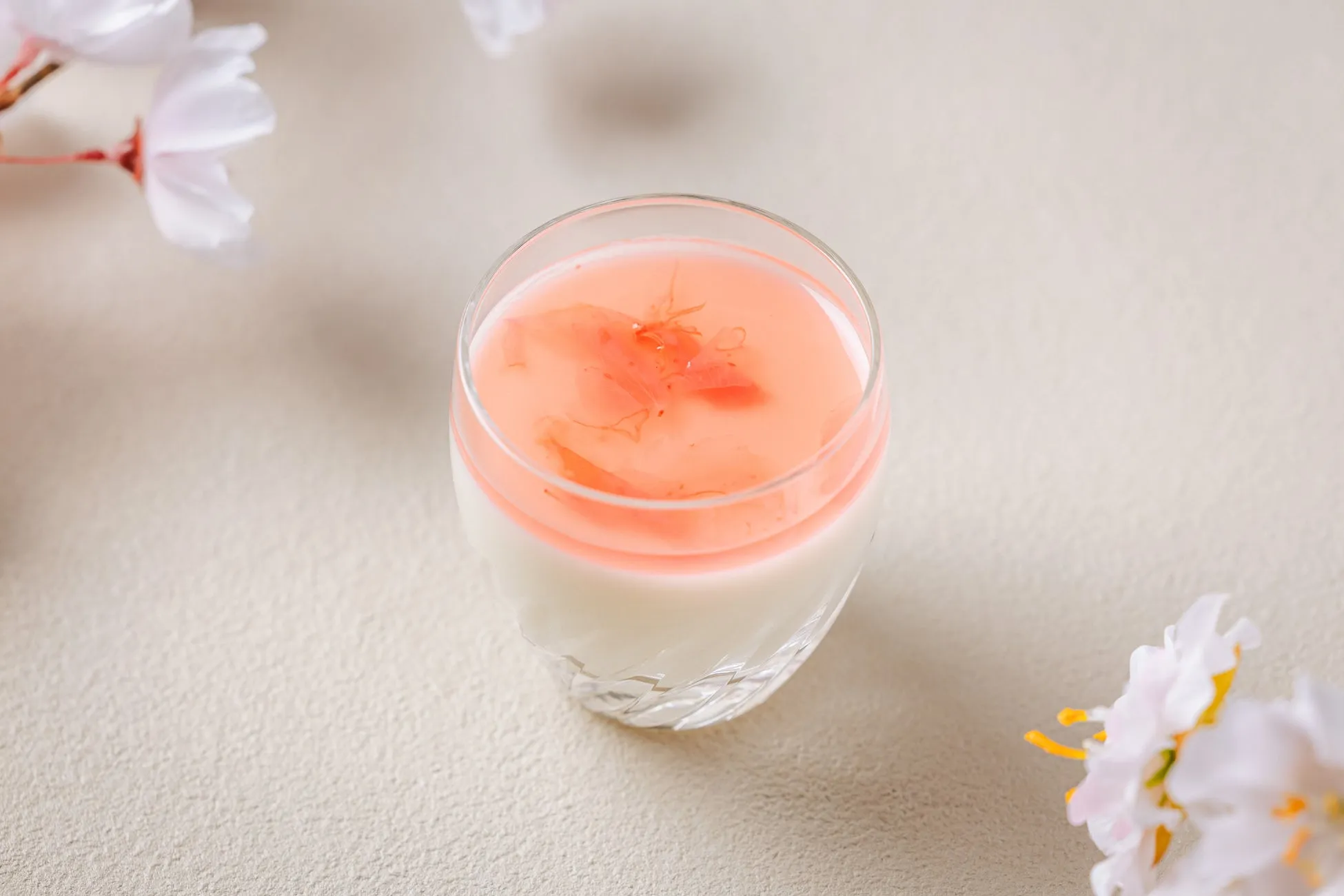 桜のゼリーが入ったグラスのクローズアップ写真。ゼリーは2層になっており、上部はピンク色、下部は白色。ゼリーの上には桜の花びらが飾られている。
