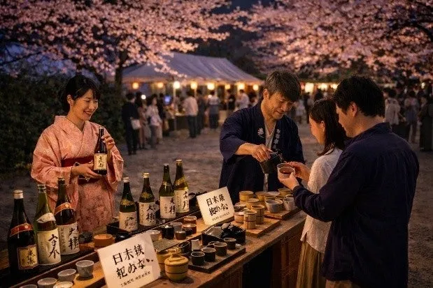 夜桜の下、お酒を販売しているお店の様子