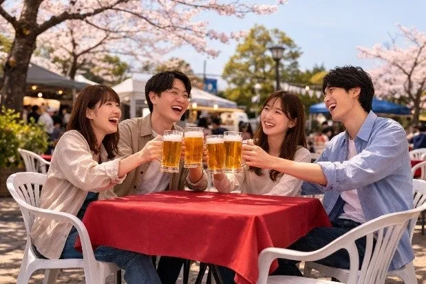 桜の下でビールで乾杯する4人の男女の笑顔の様子