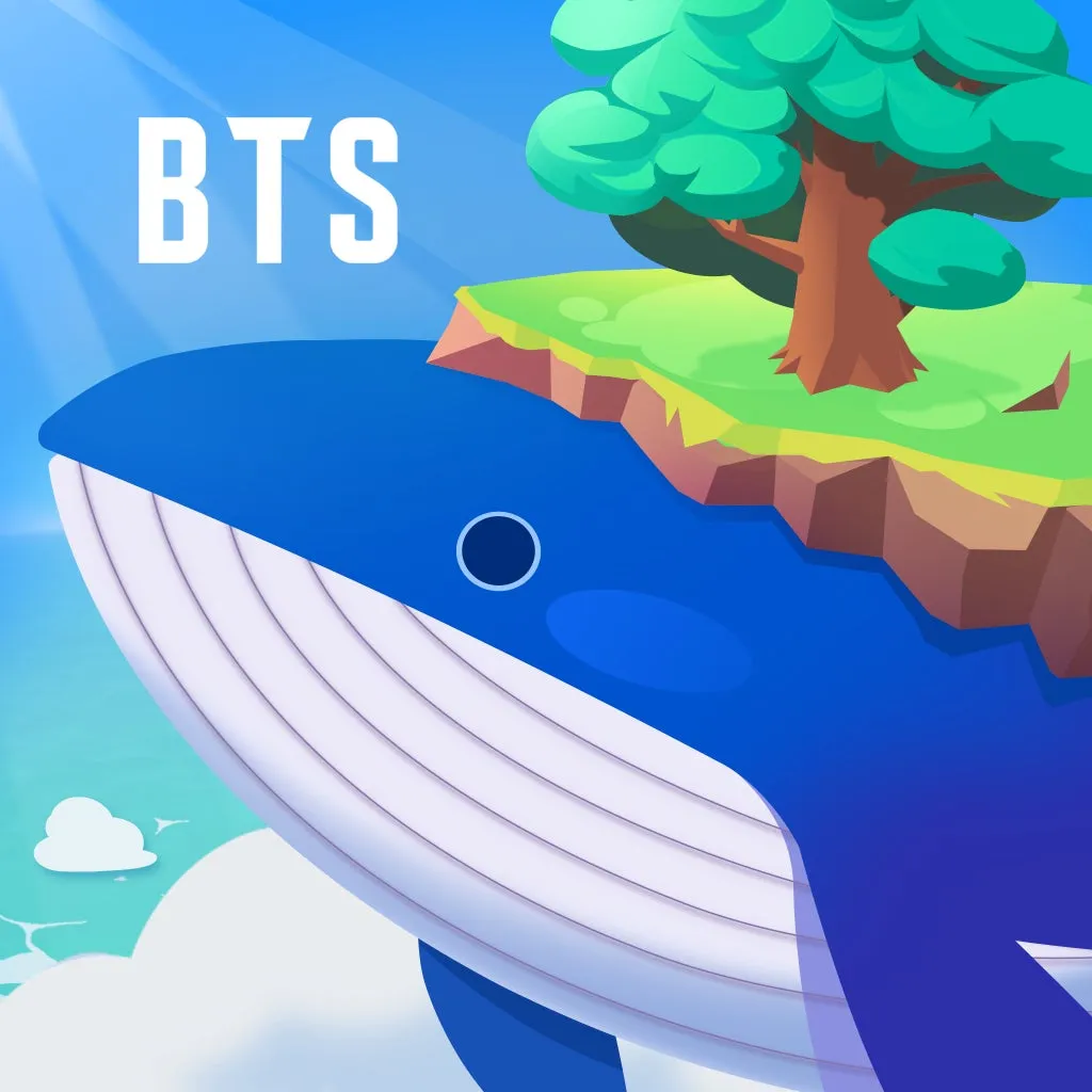 BTSのゲームのコンセプトアート。空飛ぶクジラの上に島があり、その上に木が生えているイラストです。