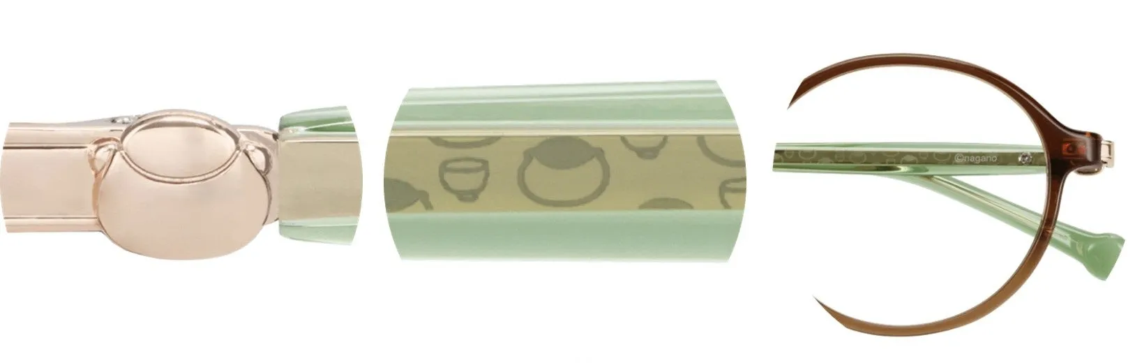 眼鏡のパーツを写した画像です。テンプル、フレーム、ブリッジなど、いくつかのパーツが組み合わさって構成されています。