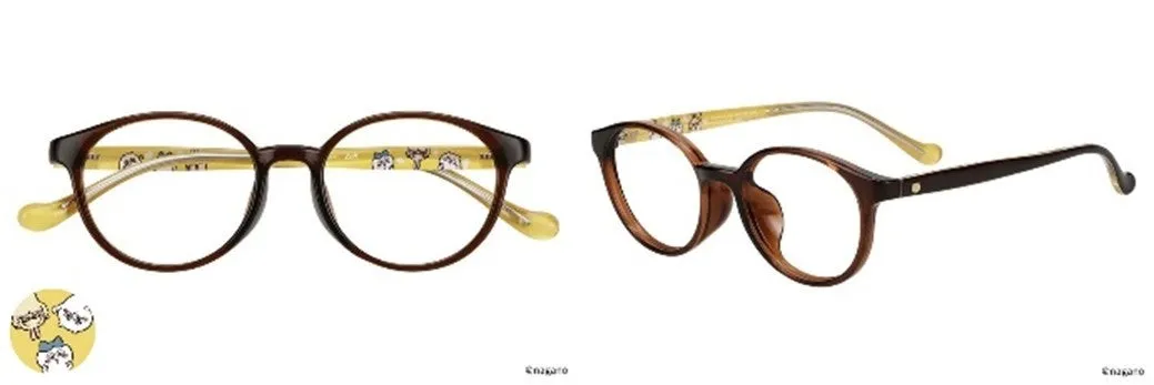 茶色いフレームのメガネ。テンプルにキャラクターのデザインが施されている。