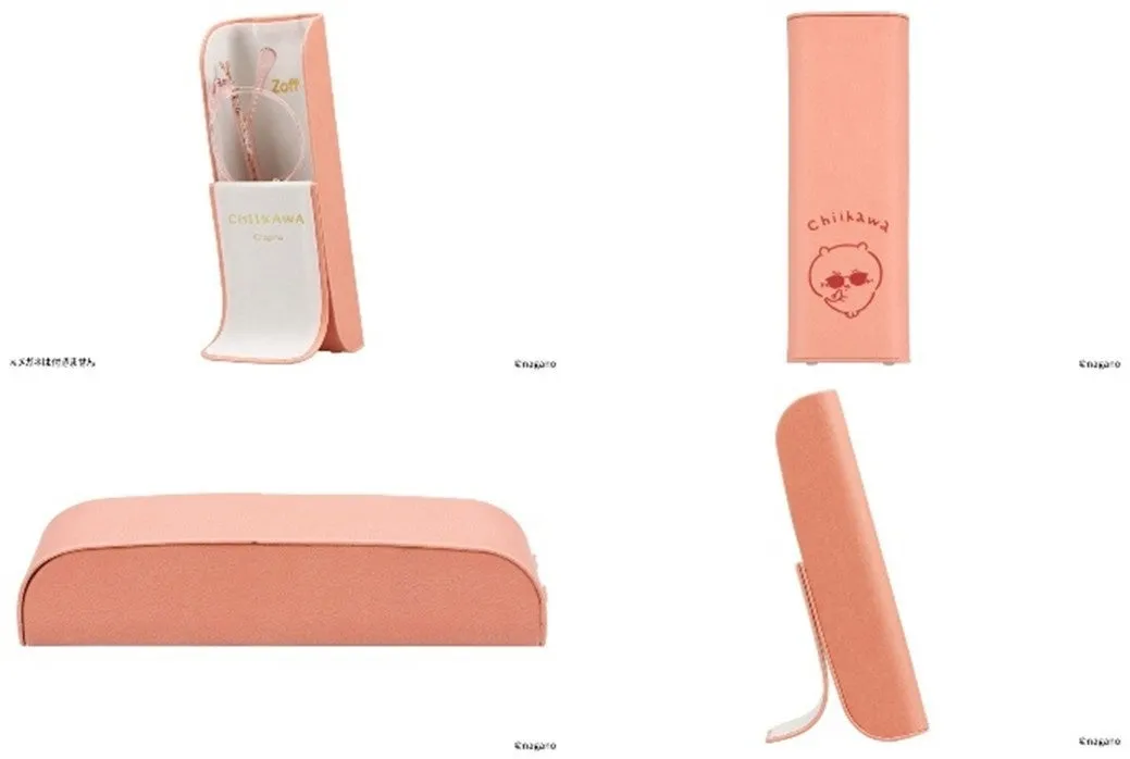 Zoffとちいかわのコラボメガネケース。ケースの色はピンクで、ちいかわのイラストが描かれています。