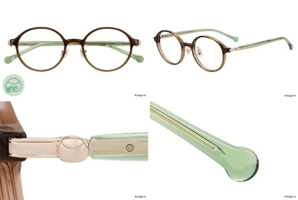 丸いフレームのメガネの画像。茶色と緑色のフレームで、様々な角度から撮影されている。