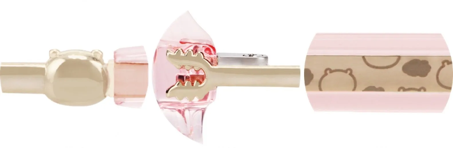 ピンク色の熊のイラストが描かれた部分と、熊の顔のような形をした金属部分、そしてピンク色の透明なパーツが組み合わさったデザインの画像です。