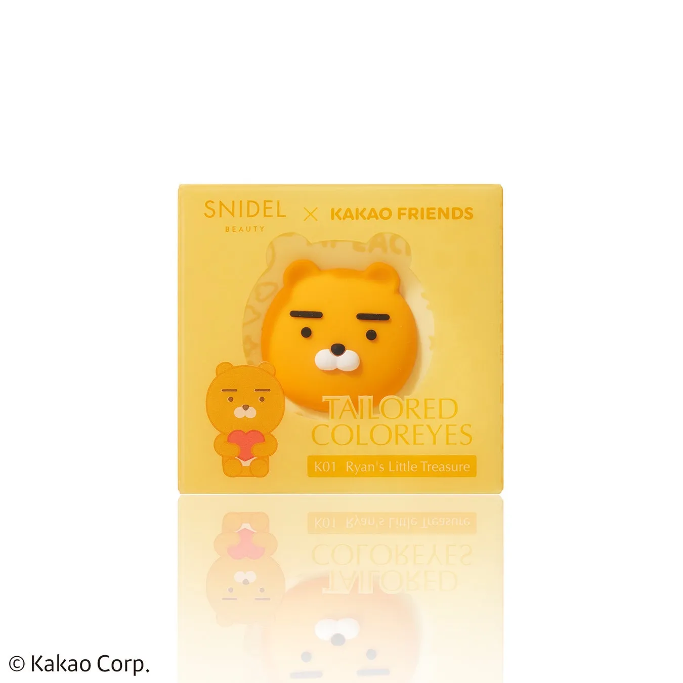 SNIDELとKAKAO FRIENDSのコラボレーションによる、ライアンのキャラクターがデザインされたアイシャドウパレット。黄色を基調としたパッケージで、ライアンの顔が立体的に表現されています。