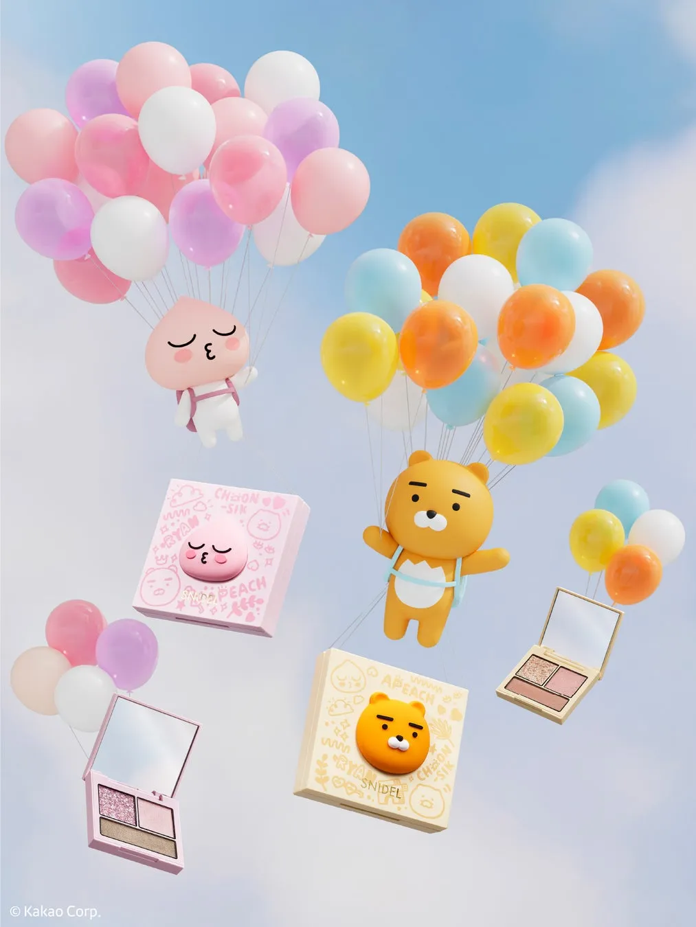 空に浮かぶキャラクターと化粧品の広告画像。アピーチとライアンのキャラクターが風船に吊り下げられ、化粧品と共に空に浮かんでいる様子が描かれています。