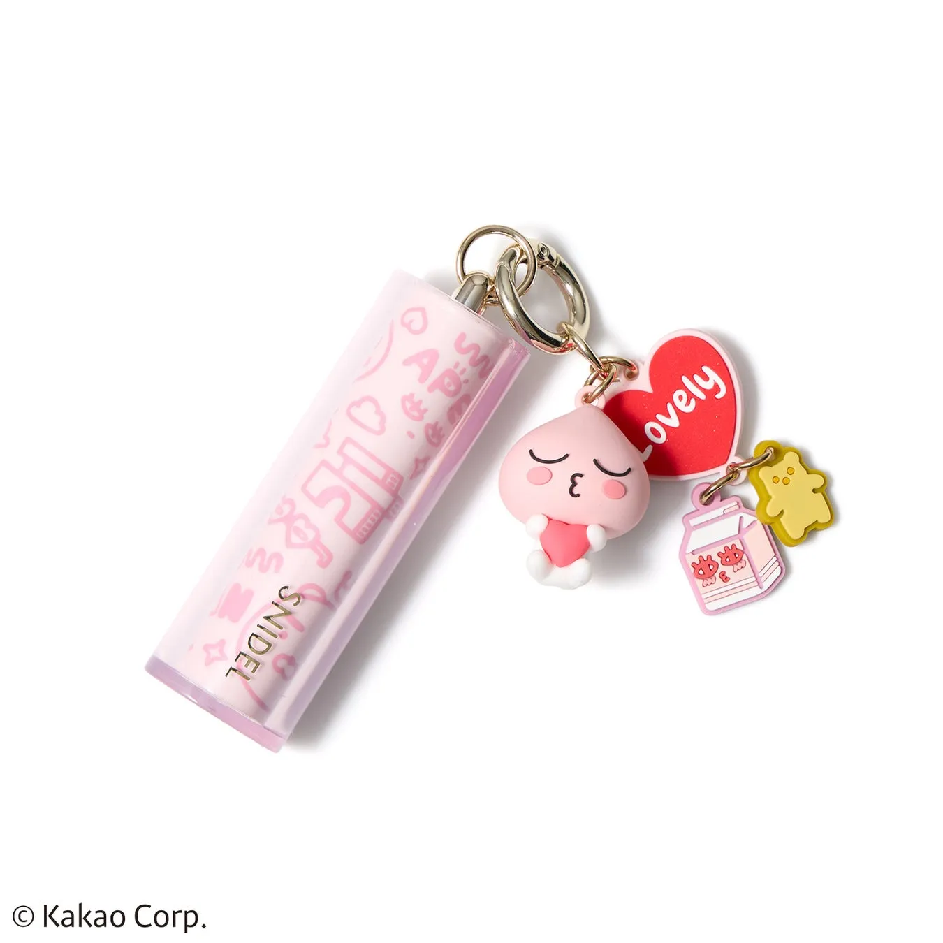 ピンク色のリップスティックと、カカオフレンズのキャラクターが描かれたキーホルダーの画像です。