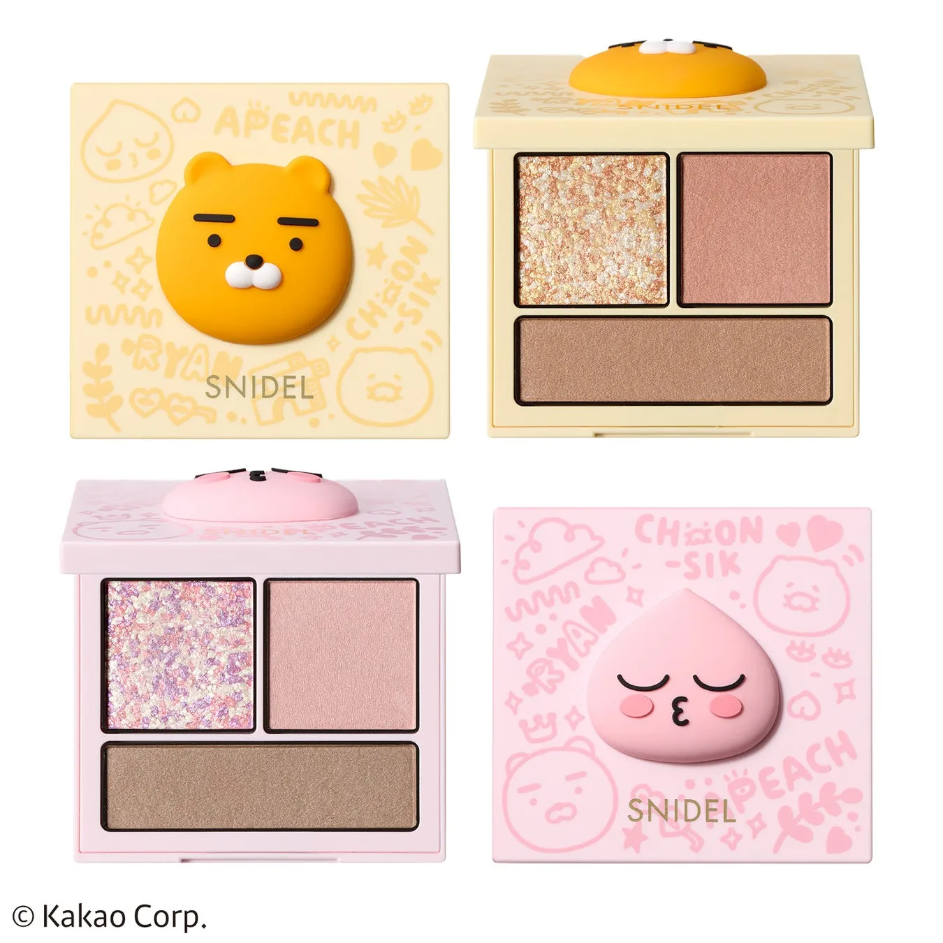 カカオフレンズのキャラクターがデザインされたアイシャドウパレットの画像です。上段には、ライアンとアピーチの顔が立体的にあしらわれたアイシャドウパレットが、下段にはアピーチの顔が描かれたアイシャドウパレットが配置されています。それぞれのパレットには、複数のカラーのアイシャドウがセットされています。