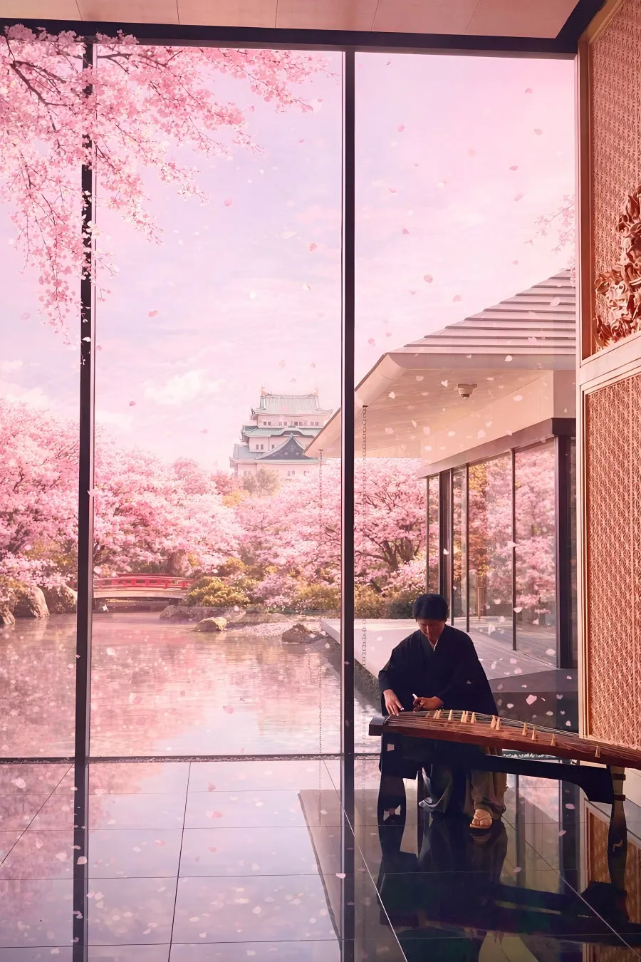 窓から見える桜の庭で琴を弾く男性を描いたイラストです。桜の花びらが舞い散り、庭には池と橋、遠くにはお城が見えます。男性は黒い着物を着ており、日本の伝統的な風景が美しいです。