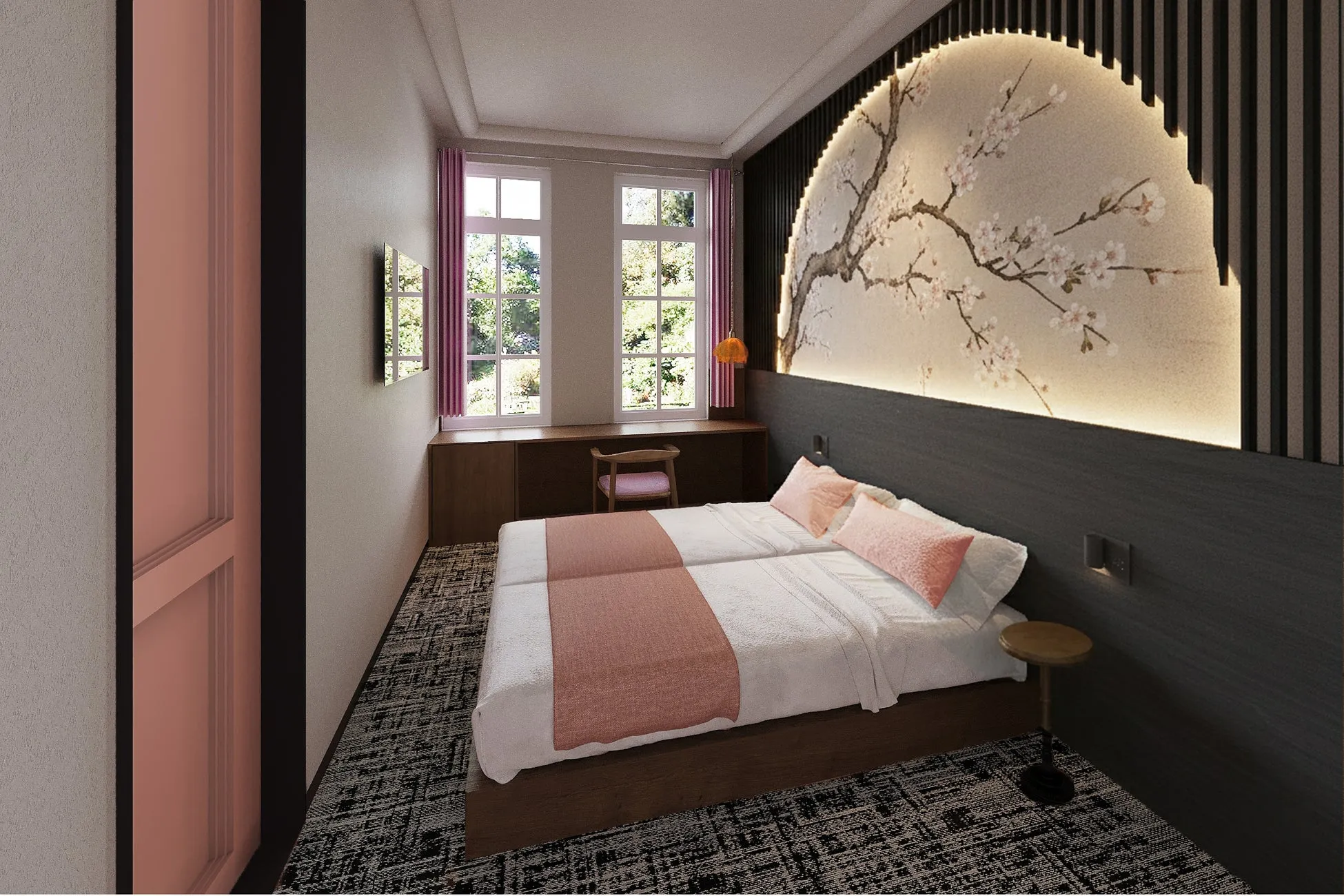 ピンク色のカーテンと桜の装飾が施された、モダンで落ち着いた雰囲気の寝室。