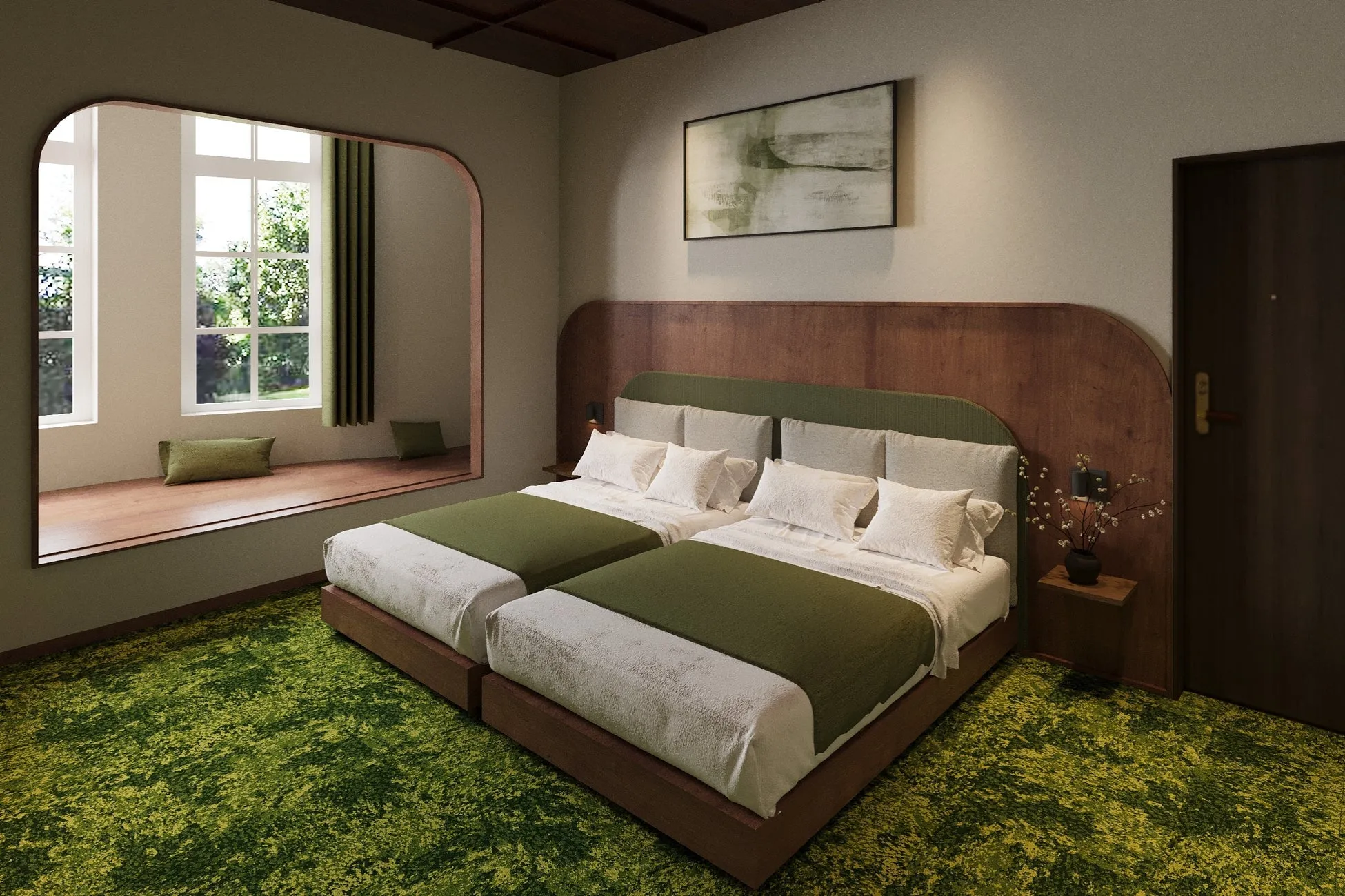 2つのベッドが置かれたホテルの客室。ベッドは緑色の掛け布団と白い枕で整えられ、窓際にはクッションが置かれている。