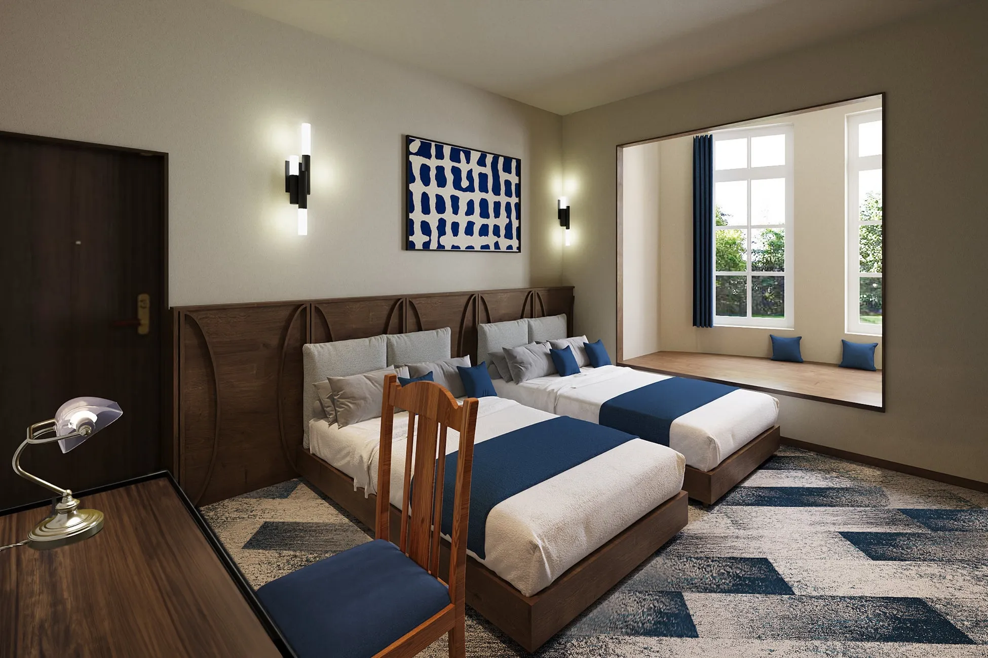 2つのベッドと窓があるホテルの部屋のインテリアデザインのレンダリング。