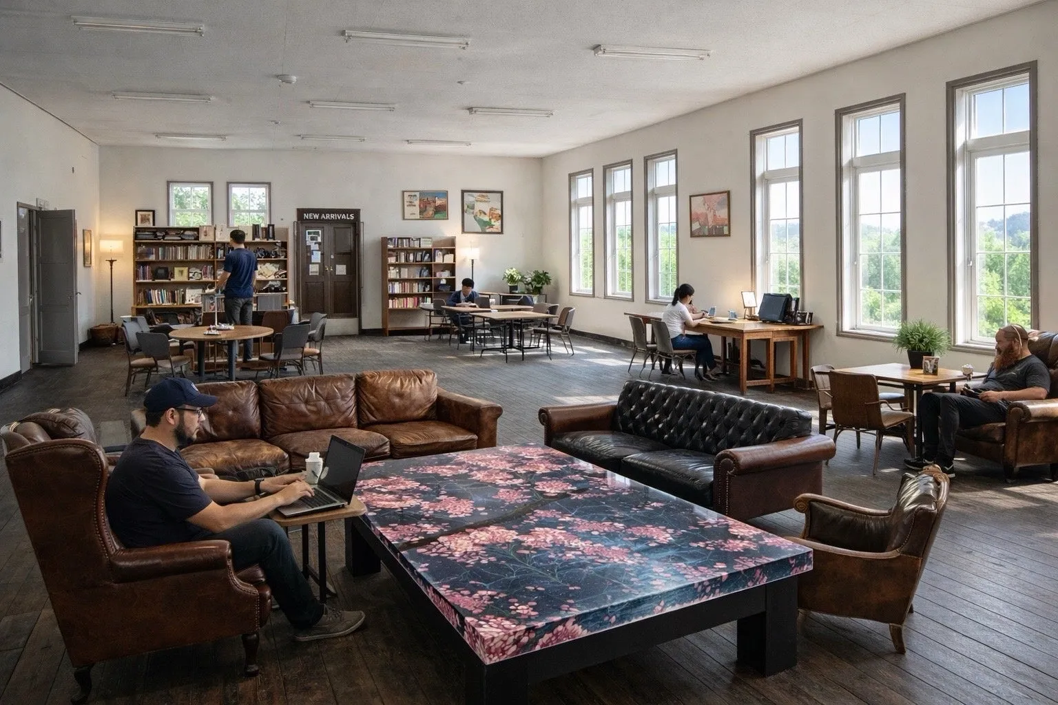 図書館のような空間で、人々がくつろいでいます。革張りのソファやテーブル、本棚があり、窓からは自然光が差し込んでいます。