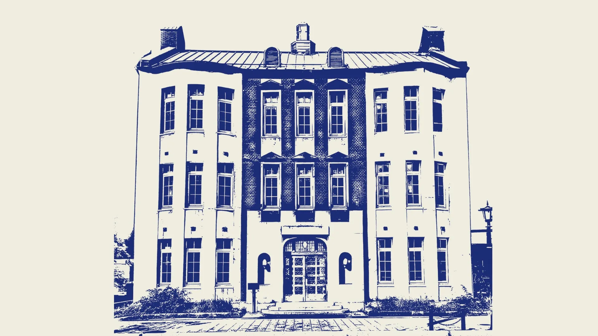 青色の線画で描かれた建物。中央にレンガ造りの部分があり、多くの窓と煙突が見える。