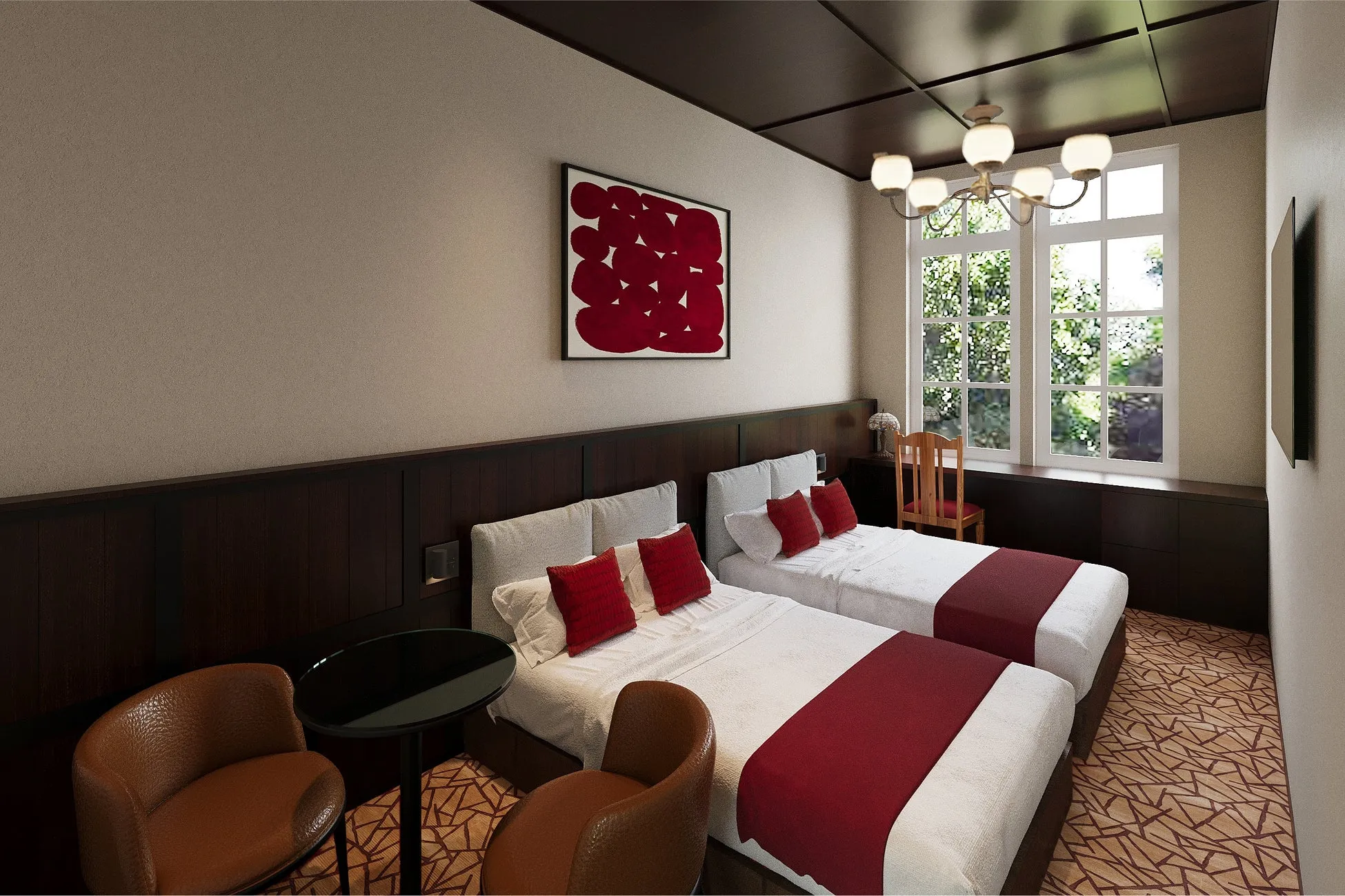 2つのベッドとアートワーク、窓、椅子、照明を備えたホテルの客室です。