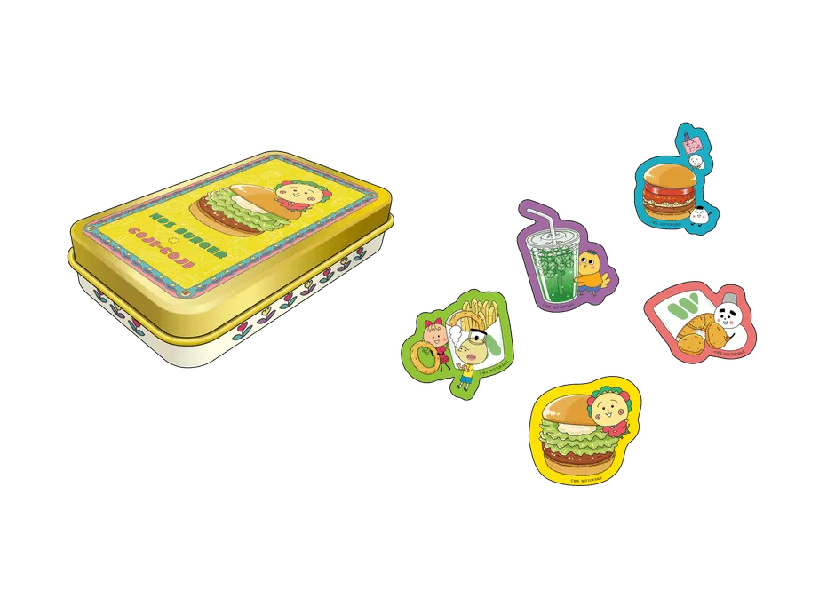 ハンバーガーのイラストが描かれた缶と、ハンバーガーやポテト、ドリンクなどのキャラクターのステッカーが配置された画像