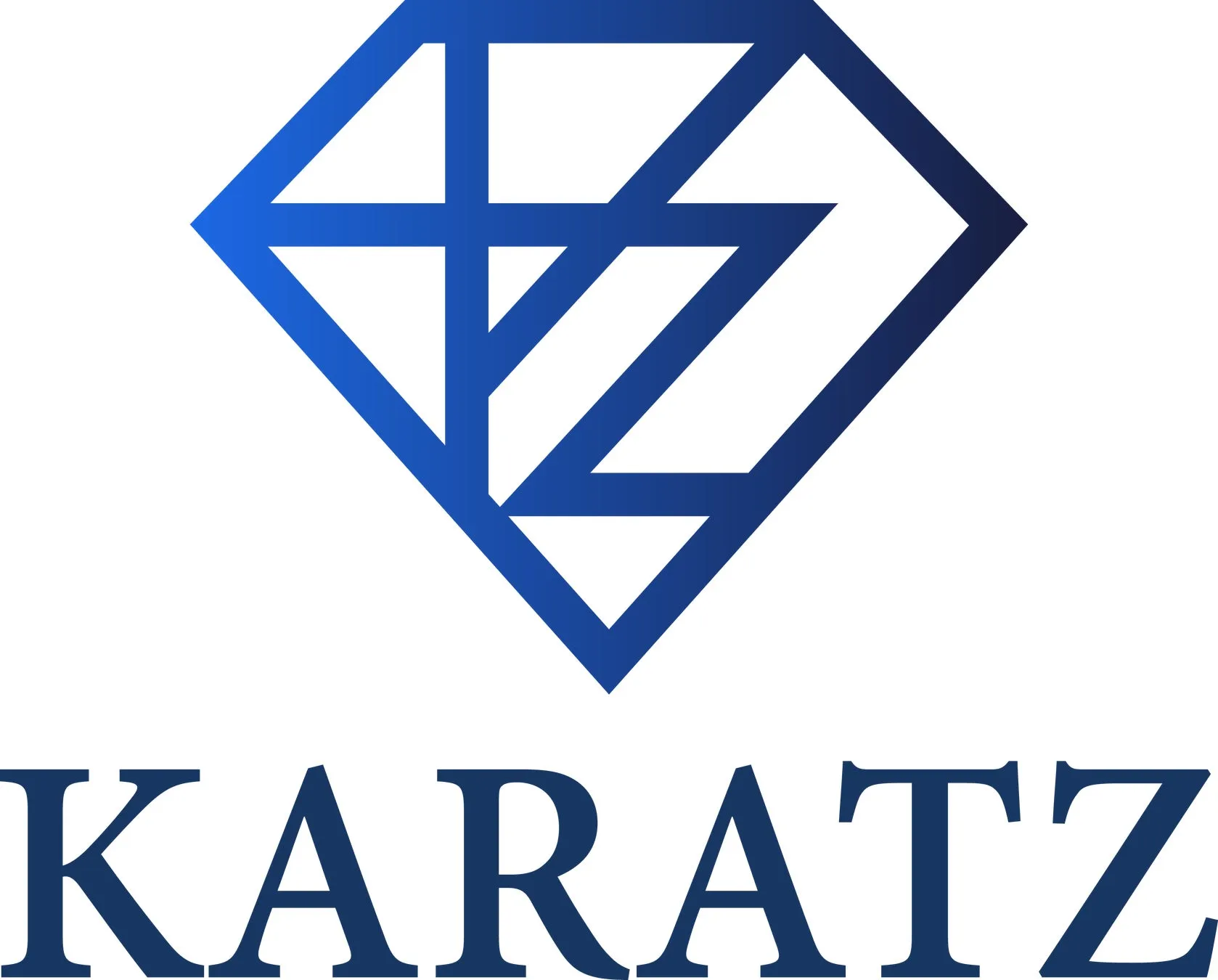 青色の幾何学的なダイヤモンドのロゴと「KARATZ」というテキストが白地に配置されています