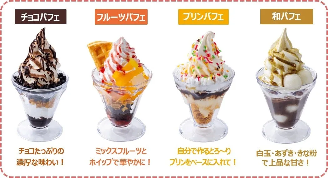 4種類のパフェの写真。それぞれ「チョコパフェ」「フルーツパフェ」「プリンパフェ」「和パフェ」と書かれており、それぞれのパフェの特徴が説明されている。