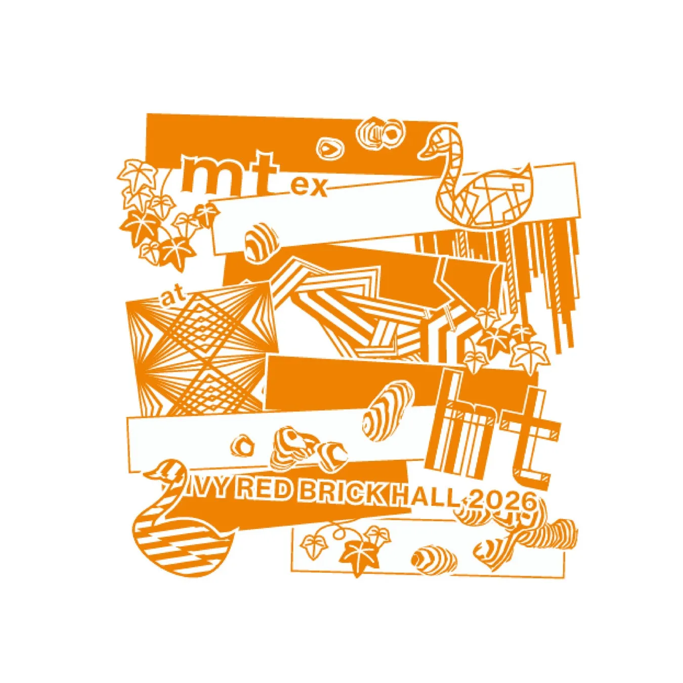 オレンジ色の幾何学模様とイラストが組み合わされたデザイン