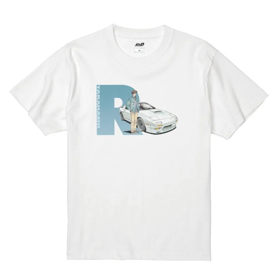 白いTシャツに、車と男性のイラストが描かれたデザイン。