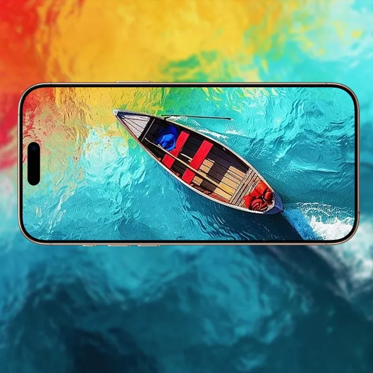 水面を走るボートが描かれた、スマートフォン（iPhone）の画面の画像です。背景は、黄色、オレンジ、青色で構成されています。
