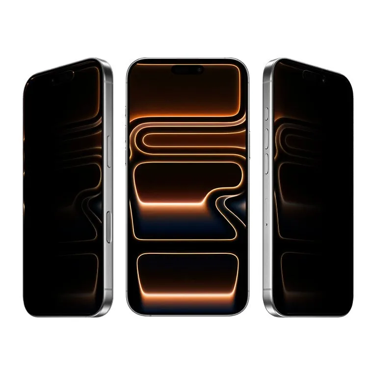 3台のiPhoneの画像で、それぞれ異なる角度から表示され、画面にはオレンジ色のライトデザインが施されています。