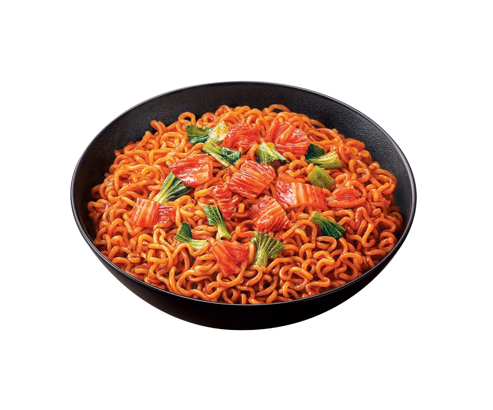 黒い器に入った韓国風の辛いラーメン。麺の上にはキムチと野菜が乗っている。