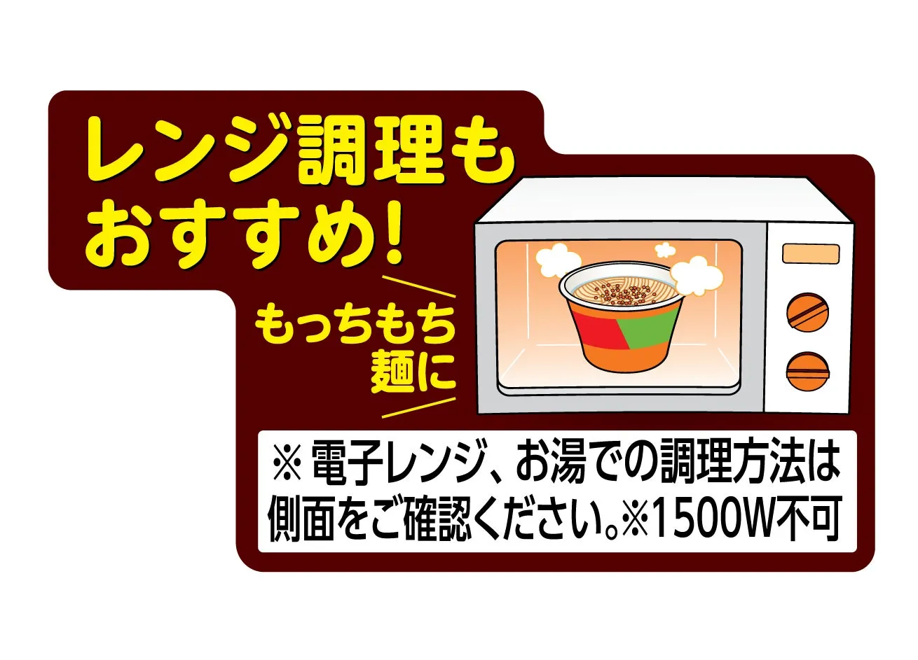インスタントラーメンを電子レンジで調理する方法を推奨する広告。もっちもちの麺に仕上がるとアピールしている。電子レンジ、お湯での調理方法については側面の表示を確認するように促し、1500Wでの調理は不可であると注意喚起している。