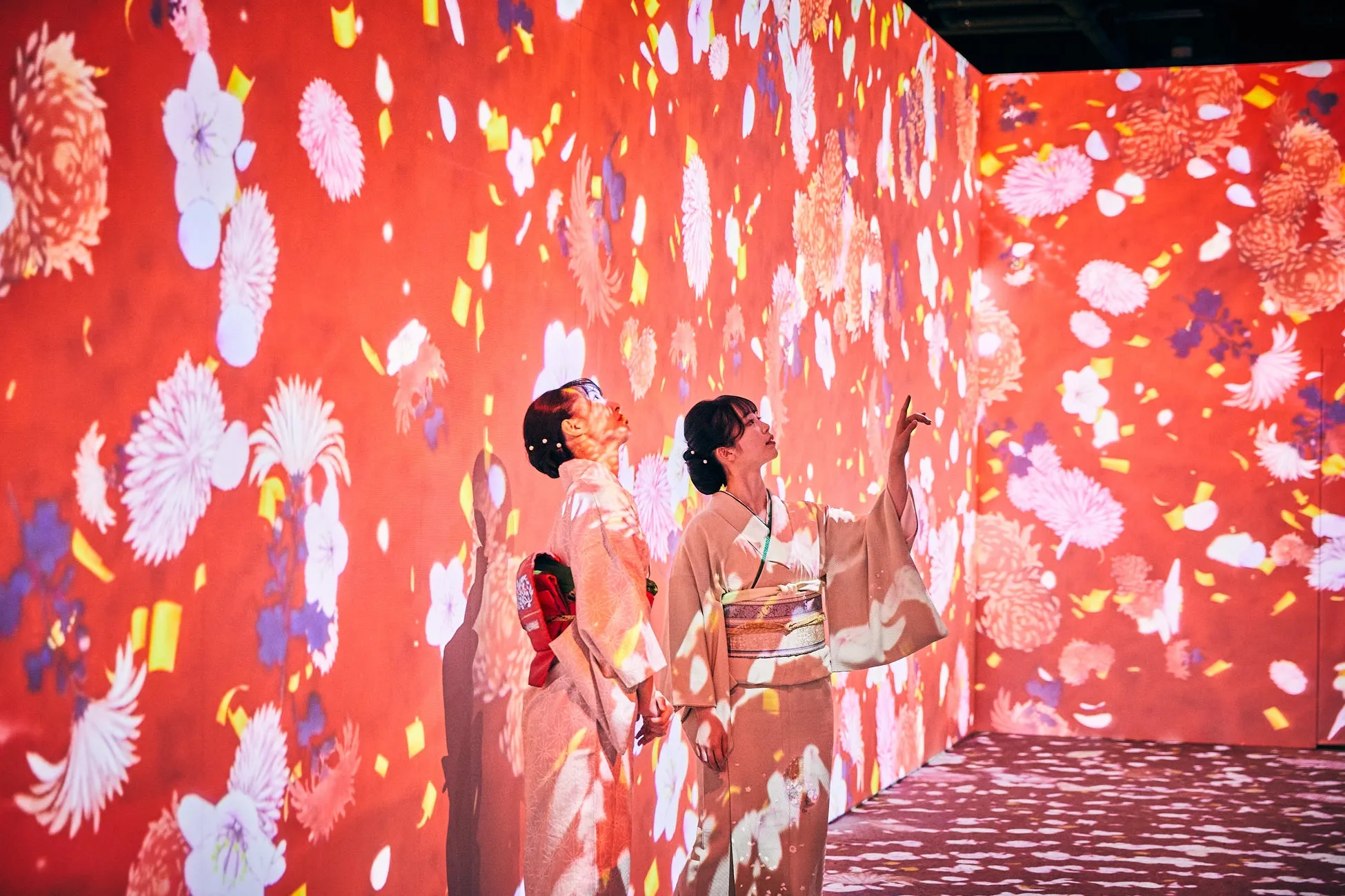 花柄が投影された壁を見上げる女性たち