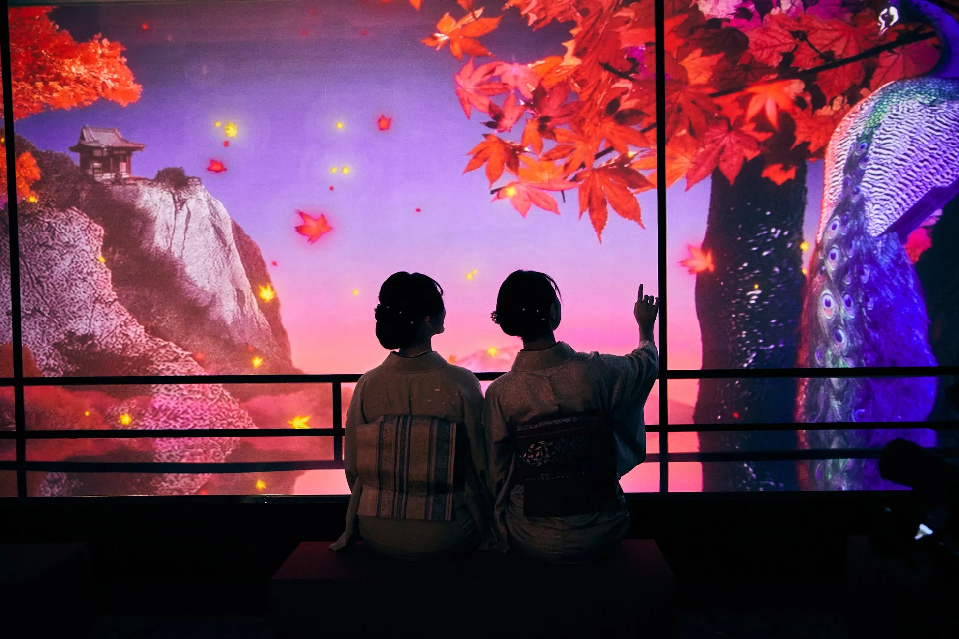 紅葉の背景と孔雀の絵を鑑賞する女性たち