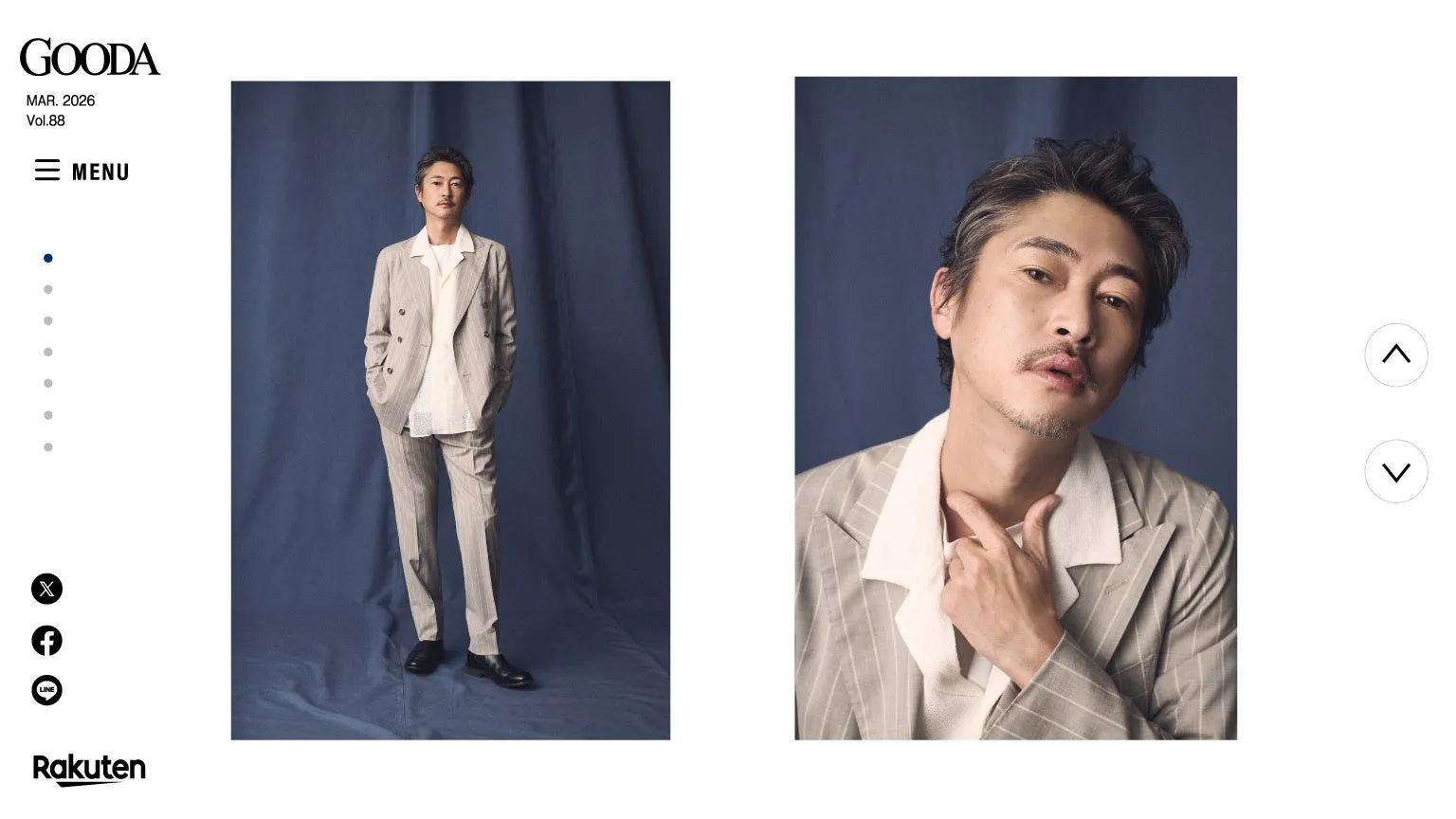 男性がストライプのスーツを着てポーズをとっている雑誌のページ