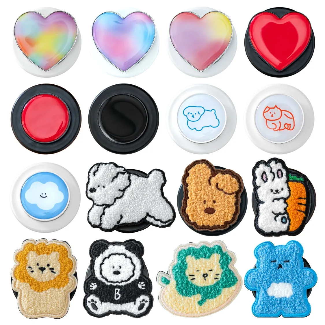 スマホアクセサリーの画像。様々なデザインのスマホグリップが並んでいる。