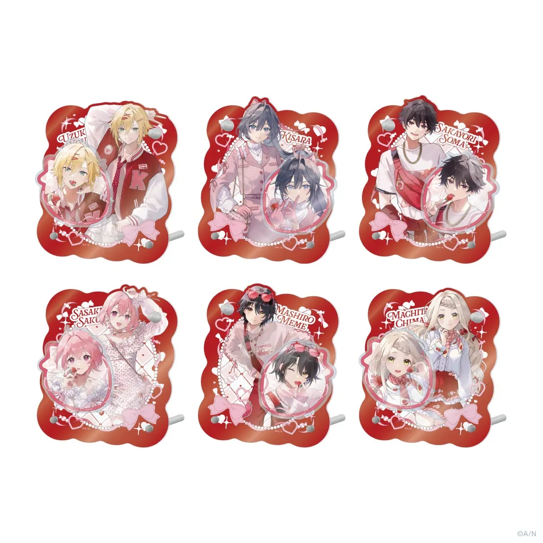 6人のキャラクターが描かれたハート型のグッズのイラスト。各キャラクターは、名前と共にかわいらしいデザインで表現されています。