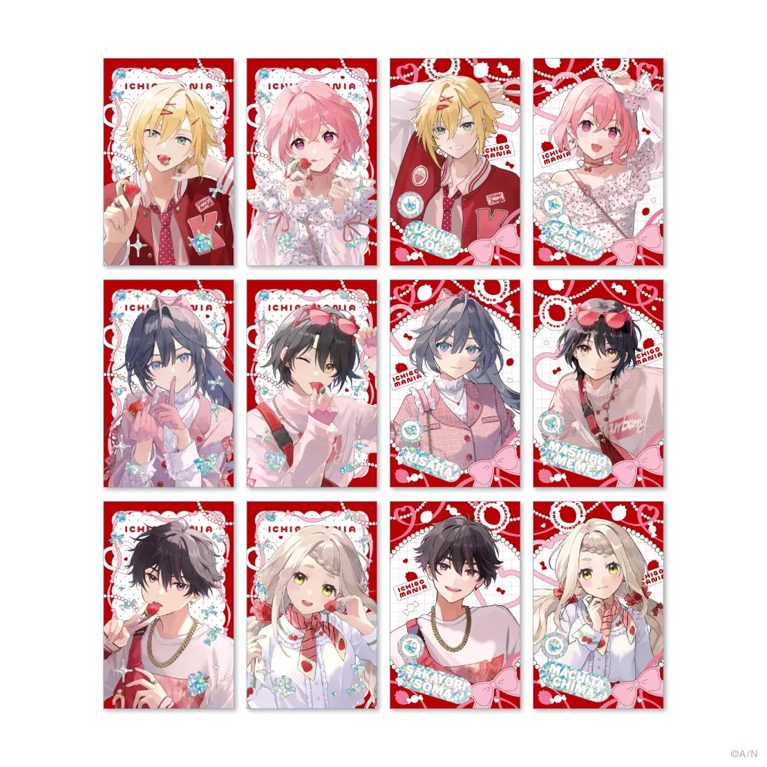 いちごのテーマのキャラクターが描かれたカードのセット。各カードには異なるキャラクターが描かれており、それぞれがイチゴと関連したアイテムを持っている。