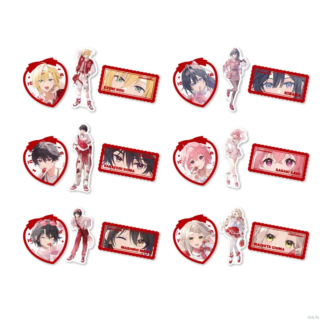 キャラクターが描かれたグッズの写真。ハート型のデザインや、キャラクター名が書かれたものが見える。