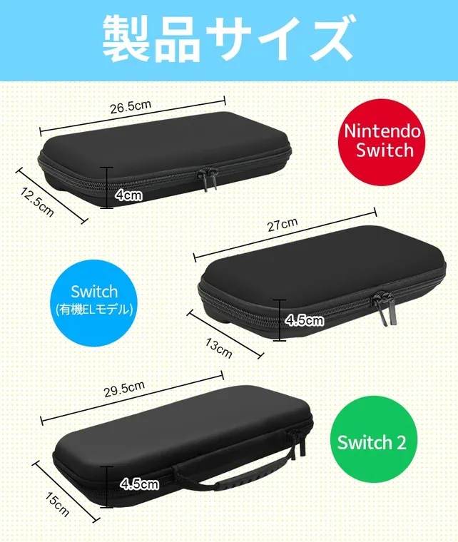 Nintendo Switch用のゲームケースのサイズ比較図。サイズは26.5cm x 12.5cm x 4cm、27cm x 13cm x 4.5cm、29.5cm x 15cm x 4.5cmの3種類。