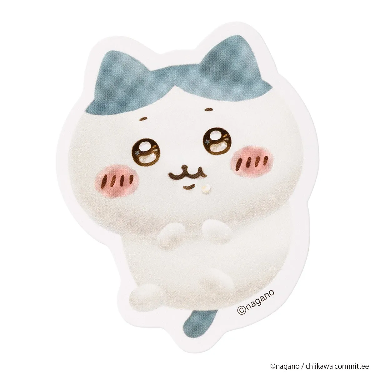 白い猫のキャラクターのイラスト。頬にはピンク色のチークがあり、口元には食べ物が付いている。